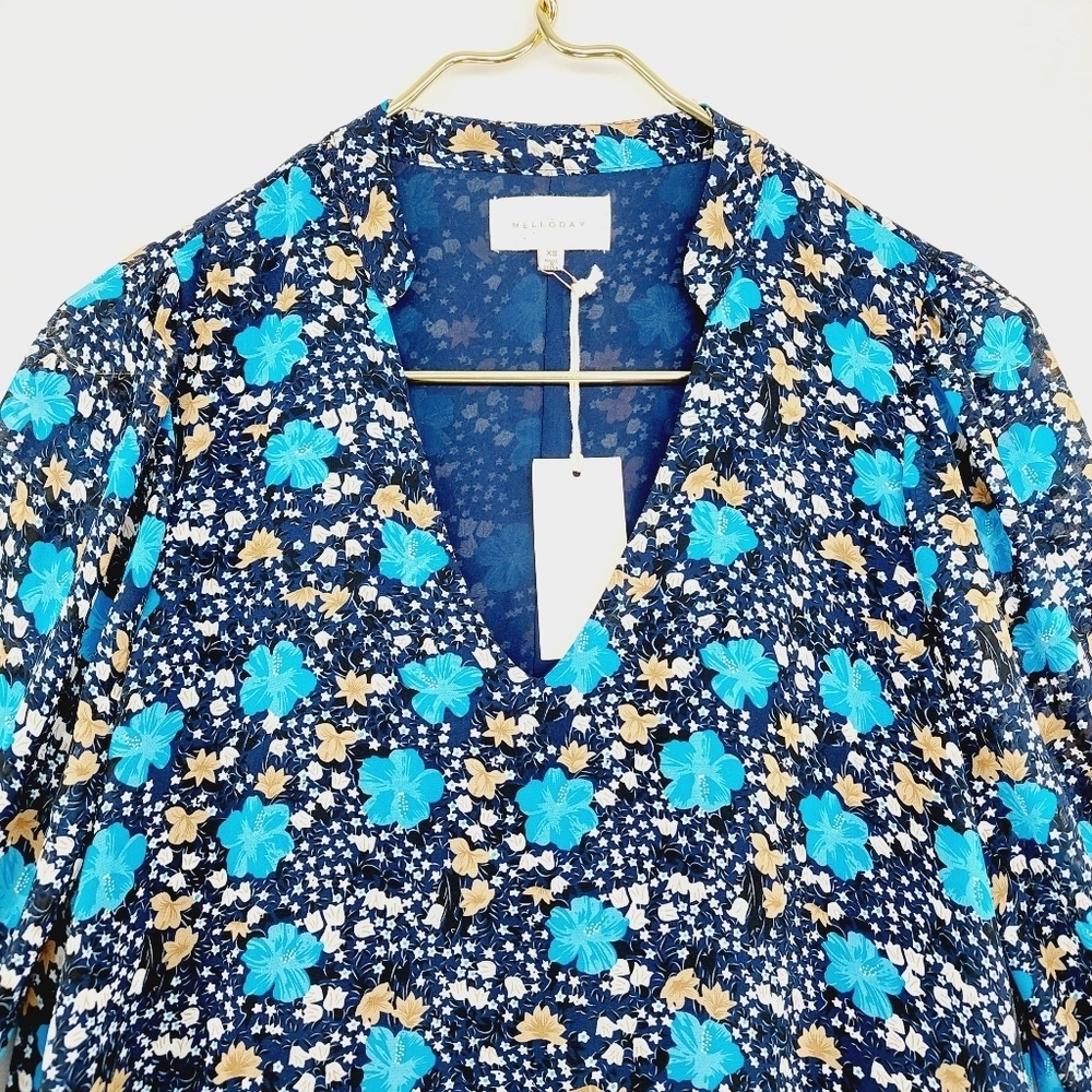 Melloday Blue Floral Tiered Tunic V-Neck Puff Sleeve Top Mini Dress P4665 - Picture 3 of 8